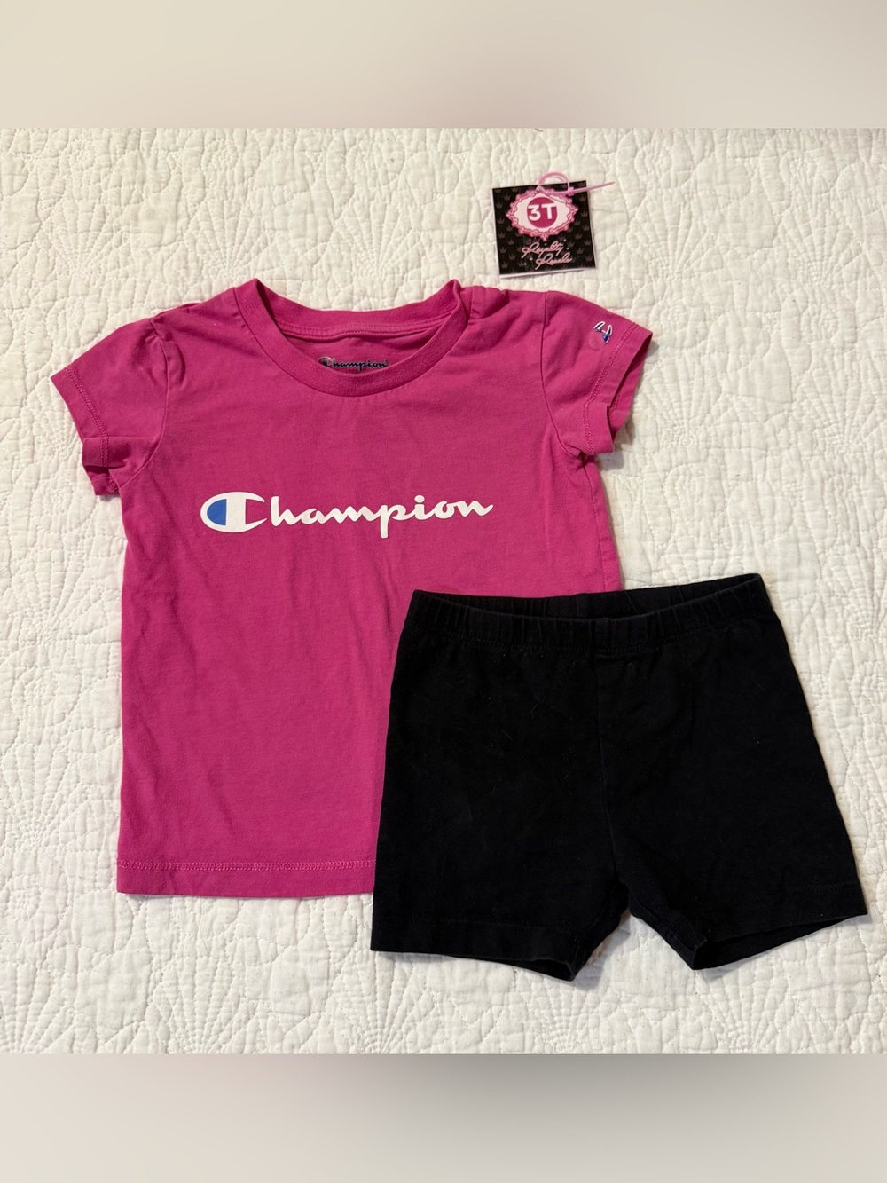 Champion Girls Pink Logo Tee and Black Shorts Matching Set